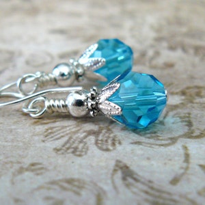Bright Blue Crystal Earrings, Turquoise and Silver Dangles, Vintage Style Cyan Earrings, Aqua Blue Romantic Jewelry