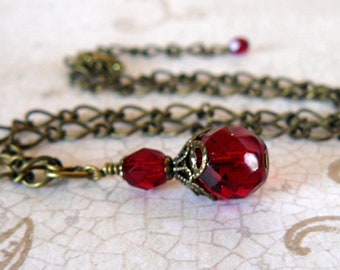 Garnet Vintage Inspired Necklace, Dark Red Victorian Glass Bead