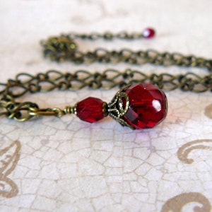 Garnet Vintage Inspired Necklace, Dark Red Victorian Glass Bead Pendant, Blood Red Drops, Romantic Jewelry, Bridesmaid Jewelry
