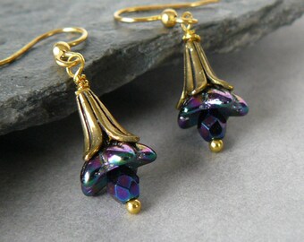 Dainty Flower Earrings, Iris Floral Vintage Style Jewelry, Beaded Dangles, Small Flower Earrings, Black Iris and Gold Romantic Jewelry