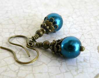Small Teal Blue Earrings, Vintage Inspired Blue Green Pearl Dangles, Dark Turquoise and Brass Beaded Jewelry
