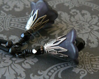 Black Lucite Flower Earrings, Black and Gunmetal Floral Dangles, Goth Fairytale Jewelry, Romantic Vintage Style