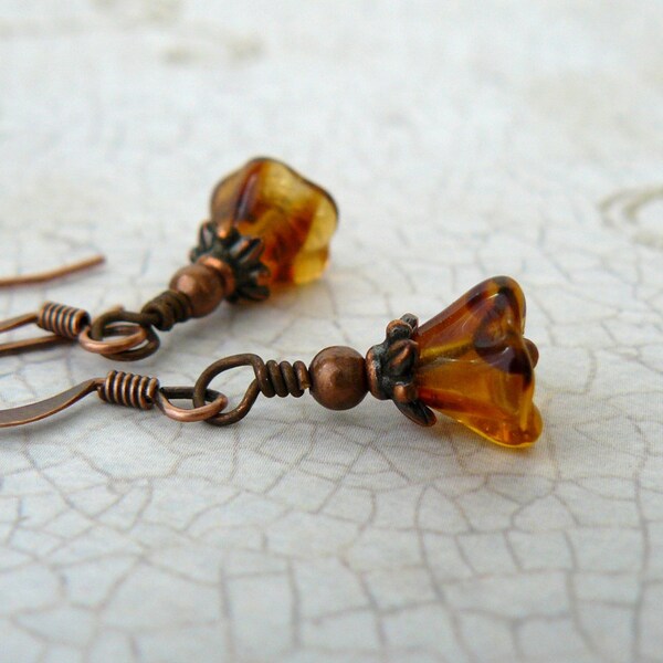 Small Topaz Flower Earrings, Tortoise Look Glass Flowers, Tiny Floral Drops, Honey and Copper Dangles, Vintage Style Jewelry