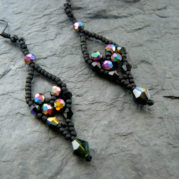 Black and Iris Crystal Earrings, Beaded Lace Dangles, Sparkling Vintage Style Jewelry, Beadwoven Lacy Jewelry