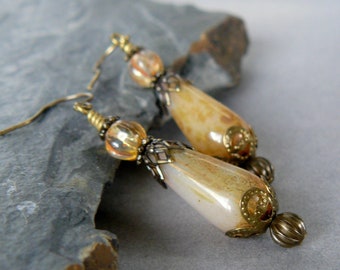 Dark Cream Teardrop Earrings, Picasso Glass Bead Dangles, Beige and  Antique Brass Vintage Inspired Jewelry, Gift for Her