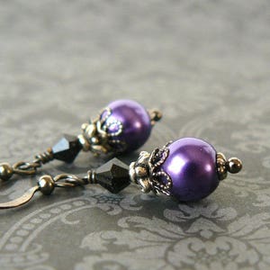 Purple and Black Earrings, Vintage Style Purple Pearl and Black Crystal Dangles, Glass Pearl Victorian Inspired Jewelry