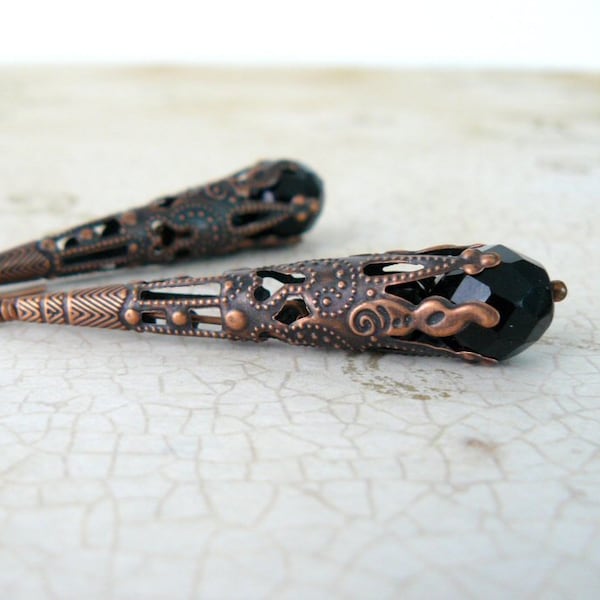 Long Black and Antique Copper Earrings, Jet Vintage Style Earrings, Ornate Filigree Bead Caps, Victorian Inspired Jewelry, Edwardian Dangles