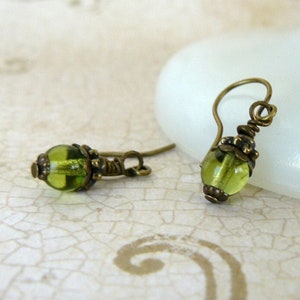 Small Lime Green Beaded Earrings, Tiny Olive Glass Bead Dangles, Vintage Style Romantic Jewelry