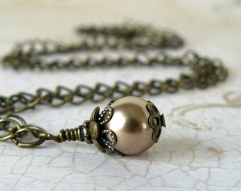 Brown Bridesmaid Jewelry Taupe and Bronze 10mm Single Strand Faux Pearl Necklace Light Gold