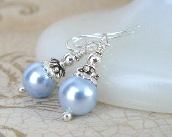 Light Blue Pearl Earrings, Pale Blue Bridesmaid Jewelry, Blue and Silver Dangles, Vintage Style Wedding Jewelry, Crystal Pearls