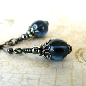 Montana Blue Earrings, Denim Blue Glass Bead Dangles, Vintage Inspired Jewelry, Blue Grey and Gunmetal Earrings, Gift For Her