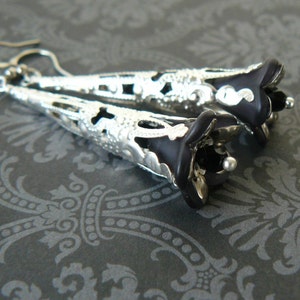 Black Flower Earrings, Long Silver Filigree Vintage Inspired Dangles, Romantic Jewelry, Black Lucite Flowers, Gift For Her