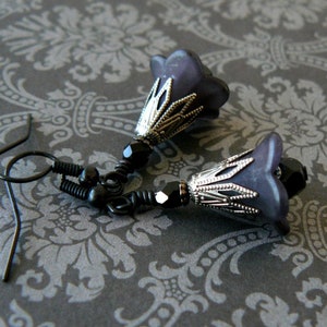 Black Flower Earrings, Goth Lucite Flower, Black and Gunmetal Dangles, Gothic Style Earrings, Dark Fairytale Jewelry, Romantic Vintage Style