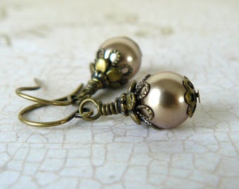 Brown Bridesmaid Jewelry Taupe and Bronze 10mm Single Strand Faux Pearl Necklace Light Gold