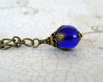 Cobalt Blue Necklace, Dark Blue Glass Bead Pendant, Romantic Jewelry, Vintage Style Jewelry, Blue and Antique Brass Pendant