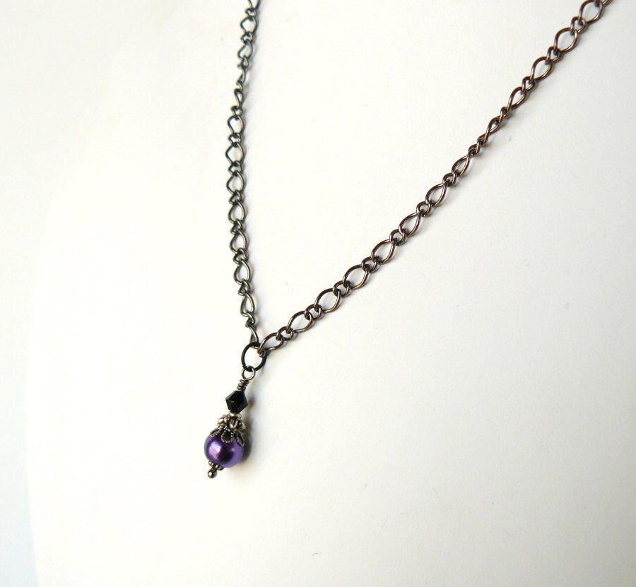 【BLACKPURPLE】VINTAGE LESS CHAIN NECKLAE Goth Black Lace Purple Stone Pendant Choker Necklace for