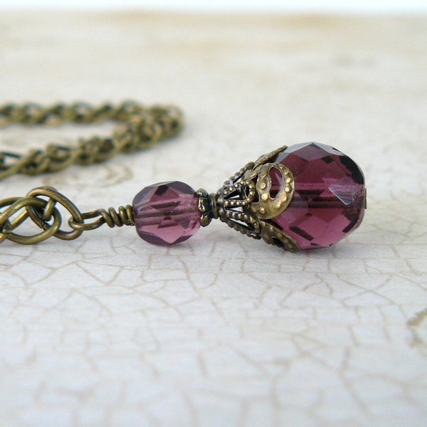 Amethyst Bead Necklace Vintage Inspired Plum Victorian Glass Bead Pendant Purple Drop Romantic Jewelry