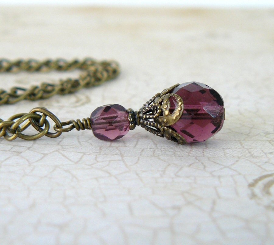 Amethyst Bead Necklace Vintage Inspired Plum Victorian Glass Bead Pendant Purple Drop Romantic Jewelry