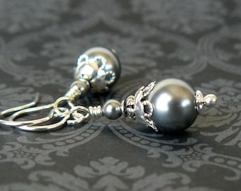 Silver Grey Pearl Earrings, Grey Earrings, Grey Crystal Pearl Dangles, Vintage Style Jewelry, Romantic Gift for Her