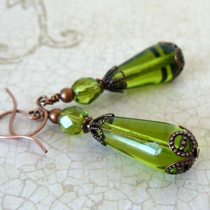 Leaf Green Earrings, Lime Glass Teardrops, Vintage Style Dangles, Olive Drop Earrings, Romantic Jewelry