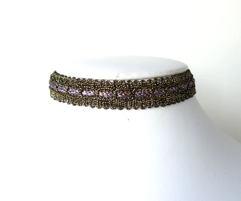 Gold Metallic Choker, Lavender and Bronze Vintage Style Ribbon Necklace, Gothic Jewelry, Victorian Inspired Romantic Jewelry image 3