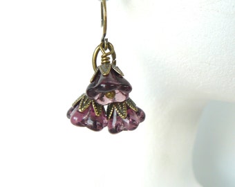 Plum Flower Earrings, Amethyst Glass Flower Clusters, Vintage Style Bead Dangles, Floral Jewelry, Gift for Her