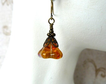 Orange Flower Earrings, Luster Topaz Glass Flower Dangles, Vintage Style Floral Jewelry, Gift for Her