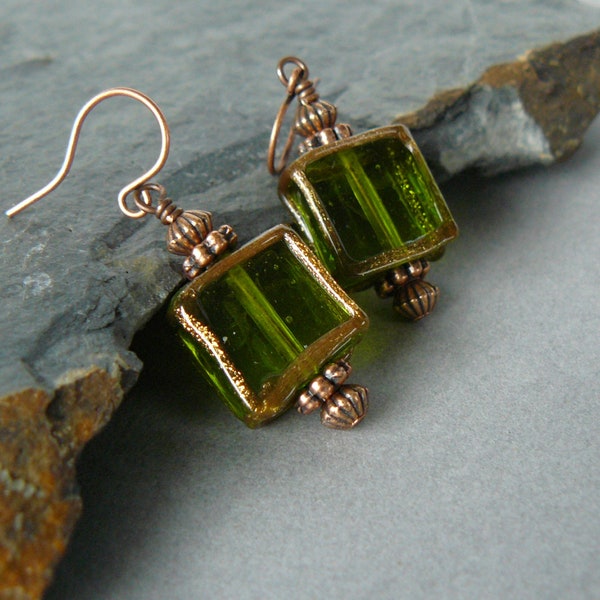 Green Glass Earrings, Olive Rustic Square Glass Beads, Green and Copper Dangles, Vintage Style Jewelry