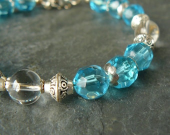 Bright Blue Bracelet, Aqua and Clear Bracelet with Silver Accents, Glass Bead Stacking Bracelet