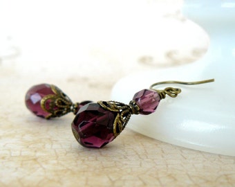 Amethyst Earrings, Vintage Inspired Plum Glass Bead Dangles, Purple Victorian Style Romantic Jewelry, Elegant Gift For Her