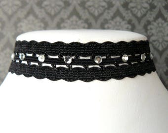 Gothic Black Lace Choker, Black Lace with Rhinestones, Victorian Inspired Ribbon Necklace, Romantic Jewelry