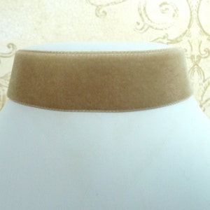 Puede incluir: Un collar choker ancho de terciopelo marrón. El collar está hecho de un tejido de terciopelo suave y afelpado y tiene un diseño simple y elegante.