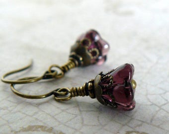 Small Plum Flower Earrings, Vintage Style Amethyst and Antique Brass Jewelry, Eggplant Glass Bead Dangles, Floral Earrings, Gift For Her