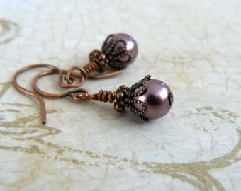 Small Brown Pearl Earrings, Chocolate Glass Pearl Beaded Earrings, Vintage Style Small Dangles, Romantic Jewelry, Gift For Her