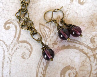 Plum Earrings and Necklace, Amethyst Glass Bead Dangles, Vintage Style Jewelry, Small Earrings or Plum Glass Bead Pendant
