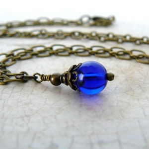 Cobalt Blue Necklace, Dark Blue Rustic Jewelry, Vintage Style Navy Glass Bead Pendant