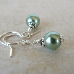 Small Green Pearl Earrings, Pale Green Glass Pearl Dangles, Tiny Green Earrings, Vintage Inspired Jewelry, Spring Jewelry