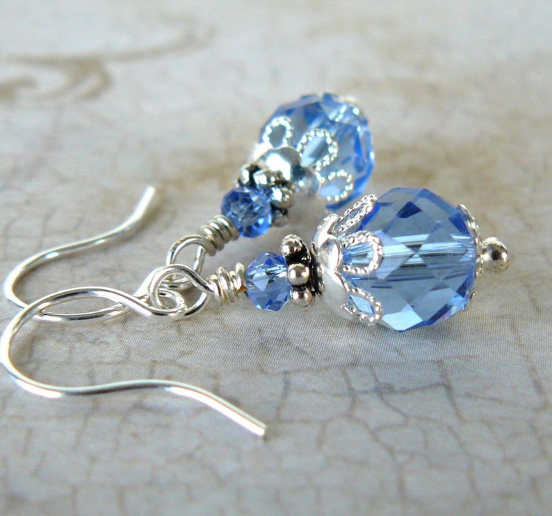 Light Blue Earrings Vintage Style Pale Sapphire Bridesmaid Earrings Ice Blue and Silver Crystal Dangles Romantic Wedding Party Jewelry
