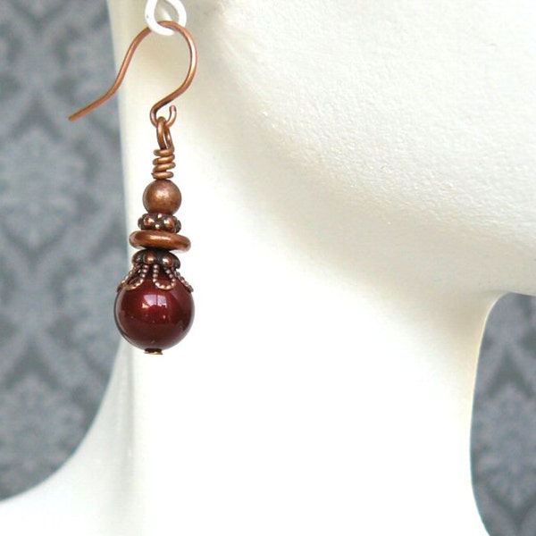 Bordeaux Pearl Earrings, Reddish Brown Pearl Dangles, Vintage Style Jewelry, Crystal Pearls, Victorian Inspired Earrings