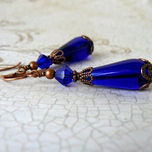 Dark Blue Earrings, Cobalt and Copper Vintage Style Dangles, Teardrop Glass Bead Earrings, Romantic Jewelry