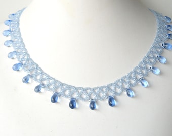 Pale Blue Necklace with Teardrop Dangles, Vintage Style Ice Blue Netted Lace Collar,  Romantic Jewelry