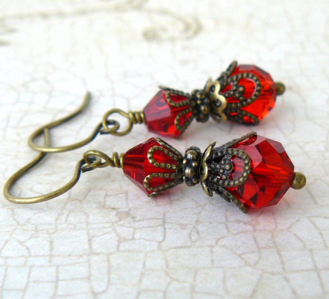 Boucles D'oreilles Pendantes Rouge Vif - Perles Résine Argentées - Fait Main