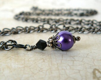 Purple Pearl and Black Crystal Necklace, Vintage Style Pearl Pendant, Fairy Tale Romantic Jewelry