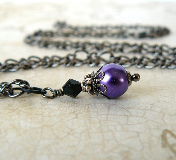 【BLACKPURPLE】BLACKPURPLE SMILE PEARL NECKLACE Purple and Black Necklace, Bright Purple Pearl Pendant
