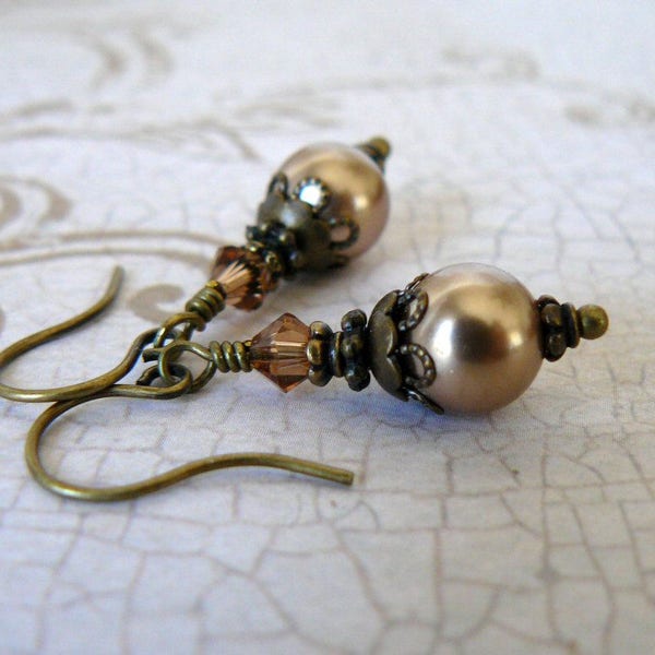 Bronze Pearl Earrings, Pearl and Crystal Vintage Style Dangles, Light Brown Pearl Jewelry