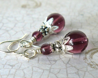 Amethyst Glass Bead Earrings, Vintage Style Plum Dangles, Dark Purple Romantic Jewelry, Gift for Her