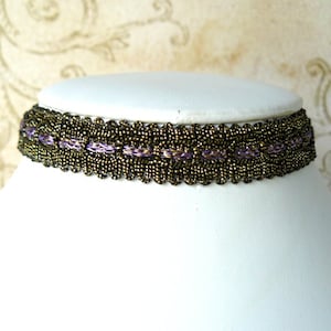 Choker in metallo dorato, collana con nastro in stile vintage color lavanda e bronzo, gioielli gotici, gioielli romantici ispirati all&#39;epoca vittoriana