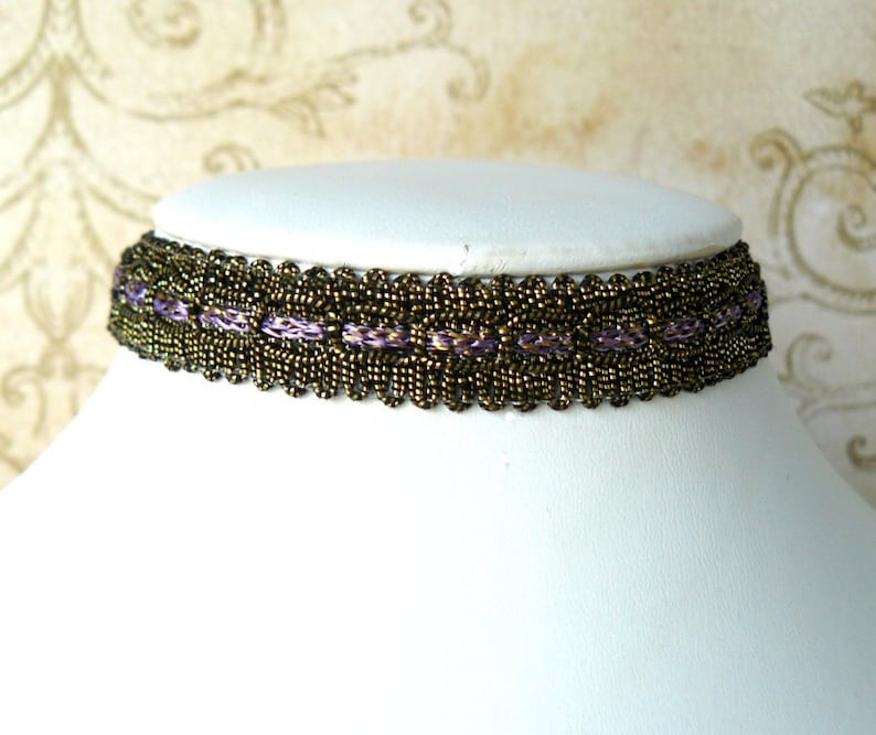 Gold Metallic Choker, Lavender and Bronze Vintage Style Ribbon Necklace, Gothic Jewelry, Victorian Inspired Romantic Jewelry image 1