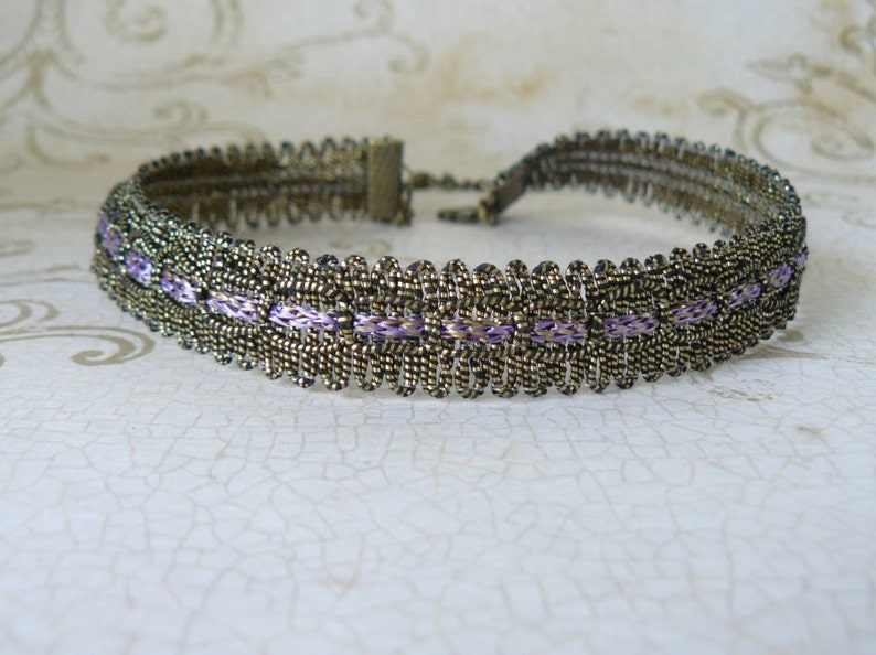 Gold Metallic Choker, Lavender and Bronze Vintage Style Ribbon Necklace, Gothic Jewelry, Victorian Inspired Romantic Jewelry image 4