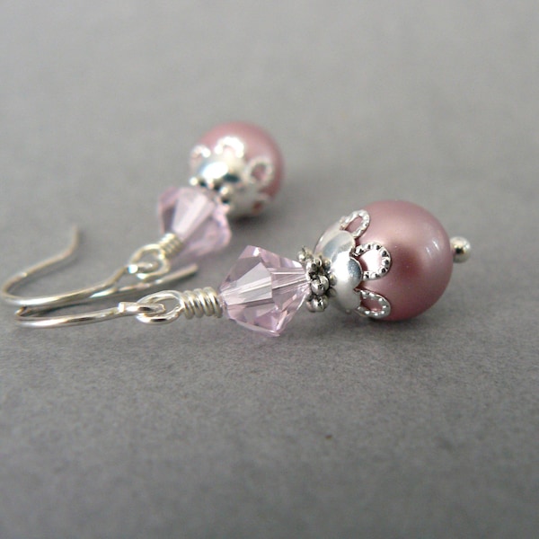 Pale Pink Pearl Earrings, Dusty Rose Dangles, Vintage Style Jewelry, Powder Rose Crystal Pearls and Crystals, Gift for Mom